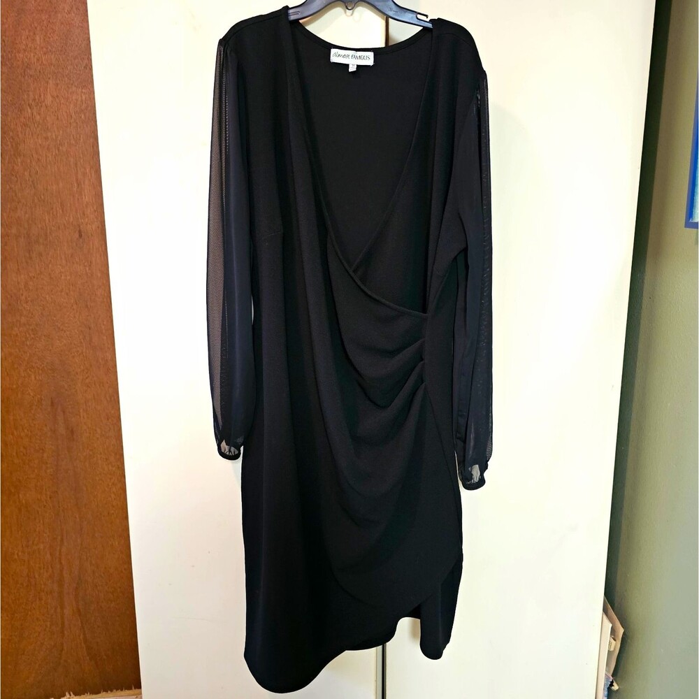 Almost Famous Women's 3X Black V-Neck Ruched Sheath Dress Sheer Mesh Sleeves